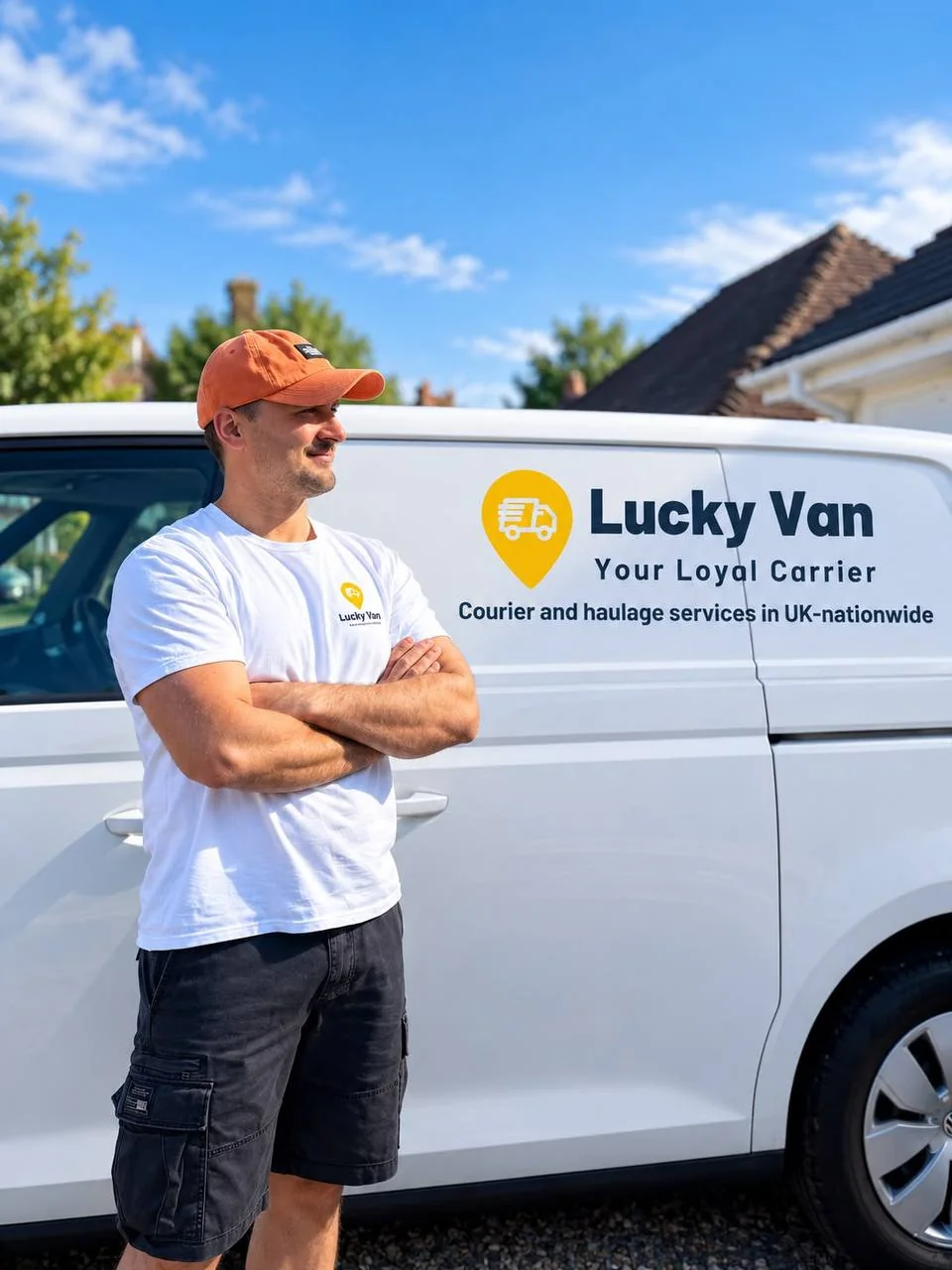 A member of the Lucky Van team beside a branded van