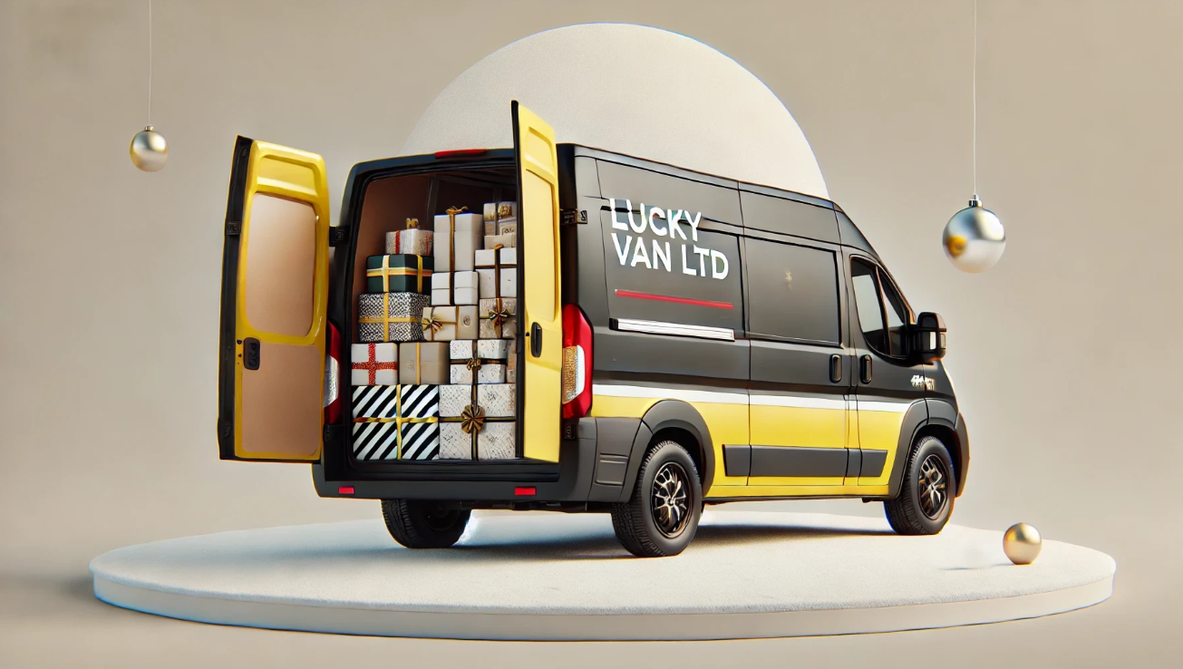 Vehicle hire with the rear doors open, revealing a stack of Christmas presents or seasonal goods.