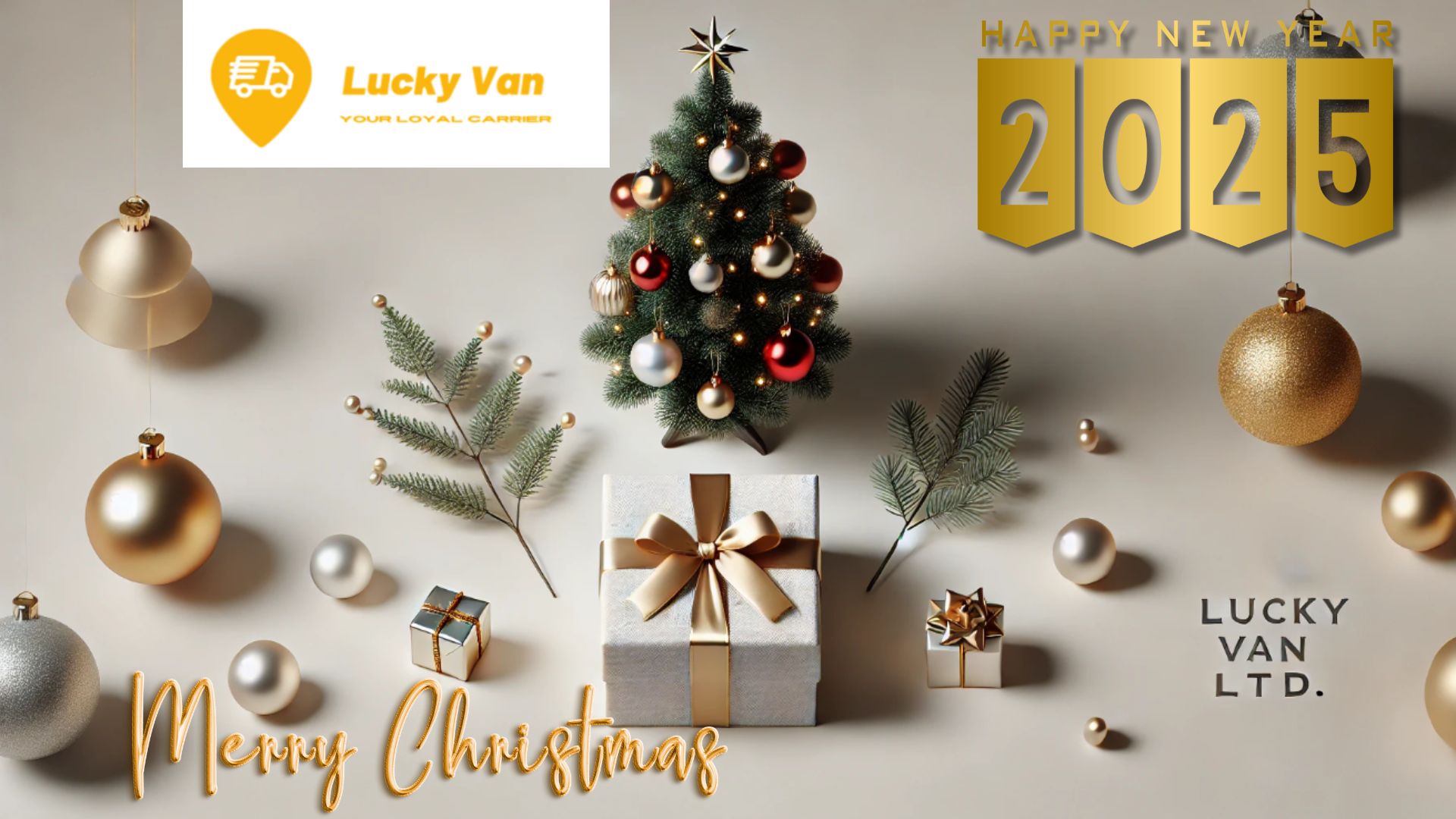 Merry Christmas and Happy New Year from Lucky Van with festive decorations.