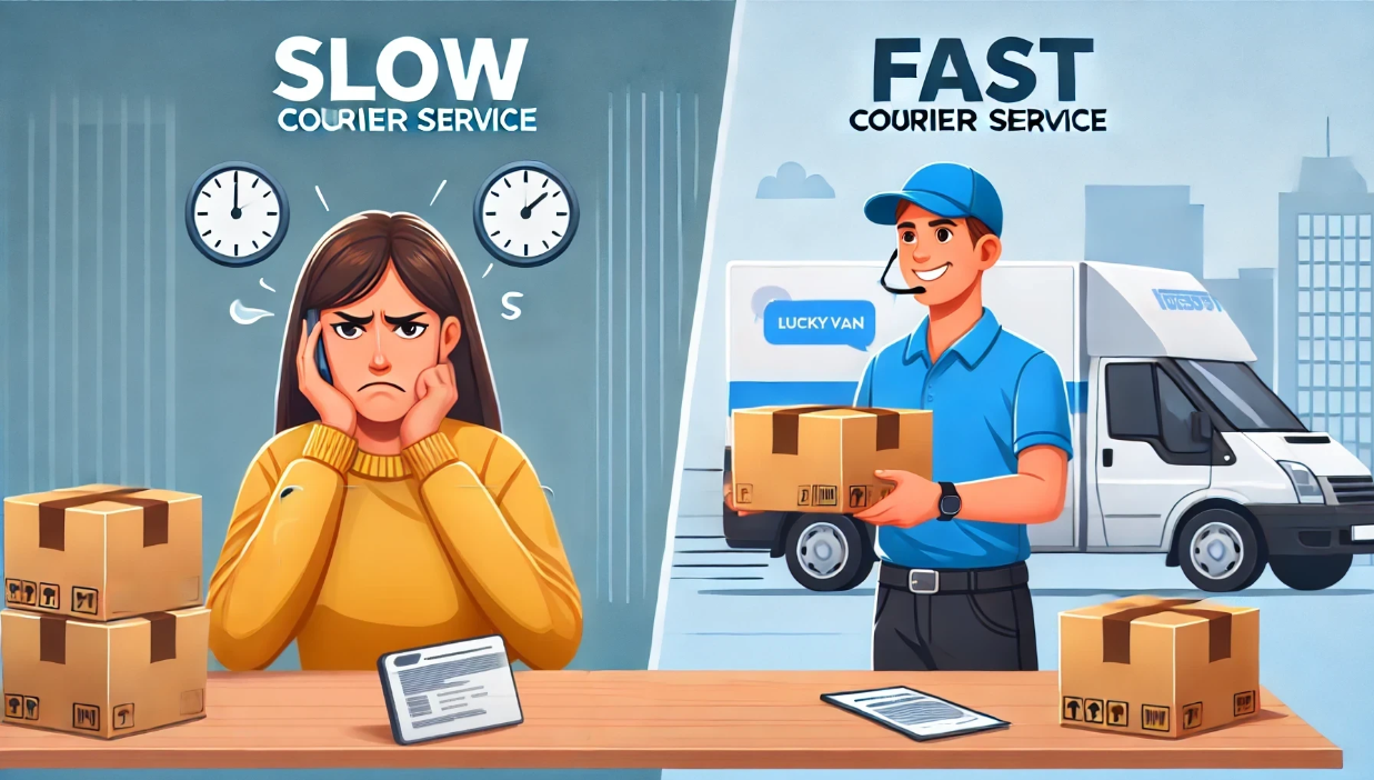 Side-by-side comparison of slow vs. fast courier services. On the left, a frustrated customer waits for a delayed package. On the right, a happy customer receives a package from a courier driver with a Lucky Van-branded vehicle in the background, highlighting the benefits of fast and reliable courier services for e-commerce businesses.