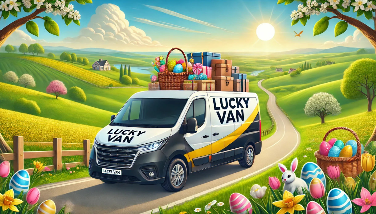 A Lucky Van-branded delivery vehicle driving through a scenic countryside road, representing a smooth and hassle-free driver and vehicle hire service. The van, in yellow, black, and white, travels under a bright blue sky with blooming spring flowers, symbolizing efficient and comfortable Easter weekend travel.