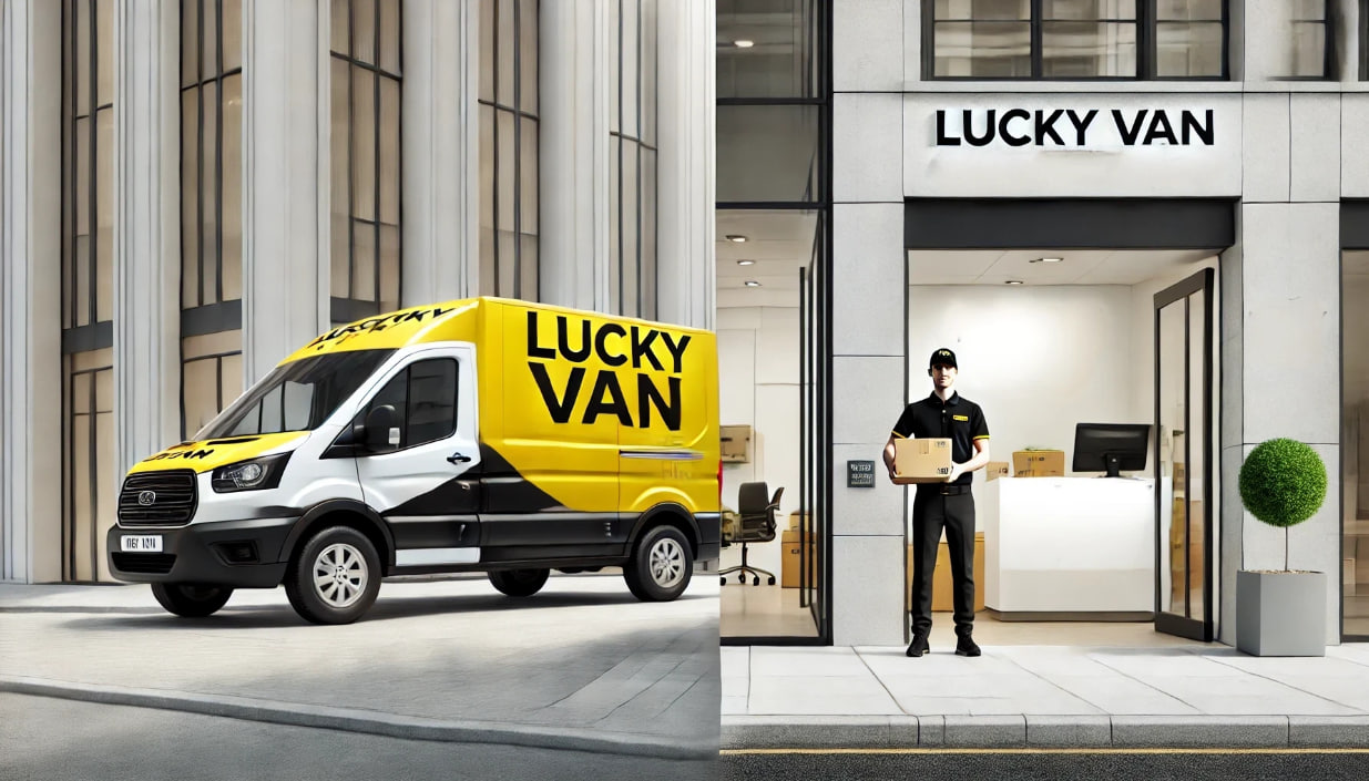 Minimalistic image of a single Lucky Van-branded vehicle in yellow, black, and white, isolated on a plain background, symbolizing professional van hire and courier services. #LuckyVan #VanHire #Courier #CourierService #VehicleHire
