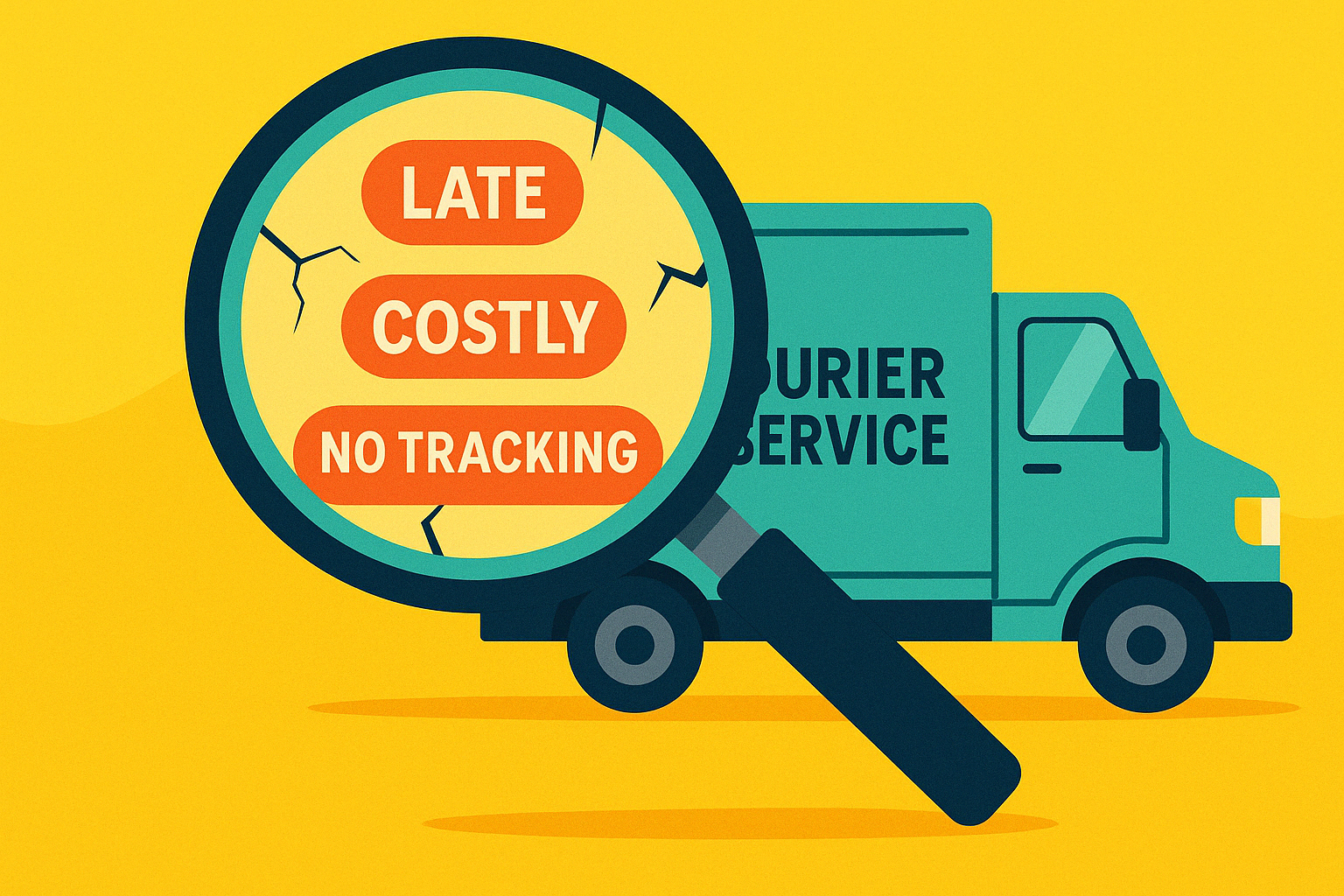 Flat-style illustration of a courier service van under a magnifying glass, revealing issues like “Late,” “Costly,” and “No Tracking” on a bright yellow background.