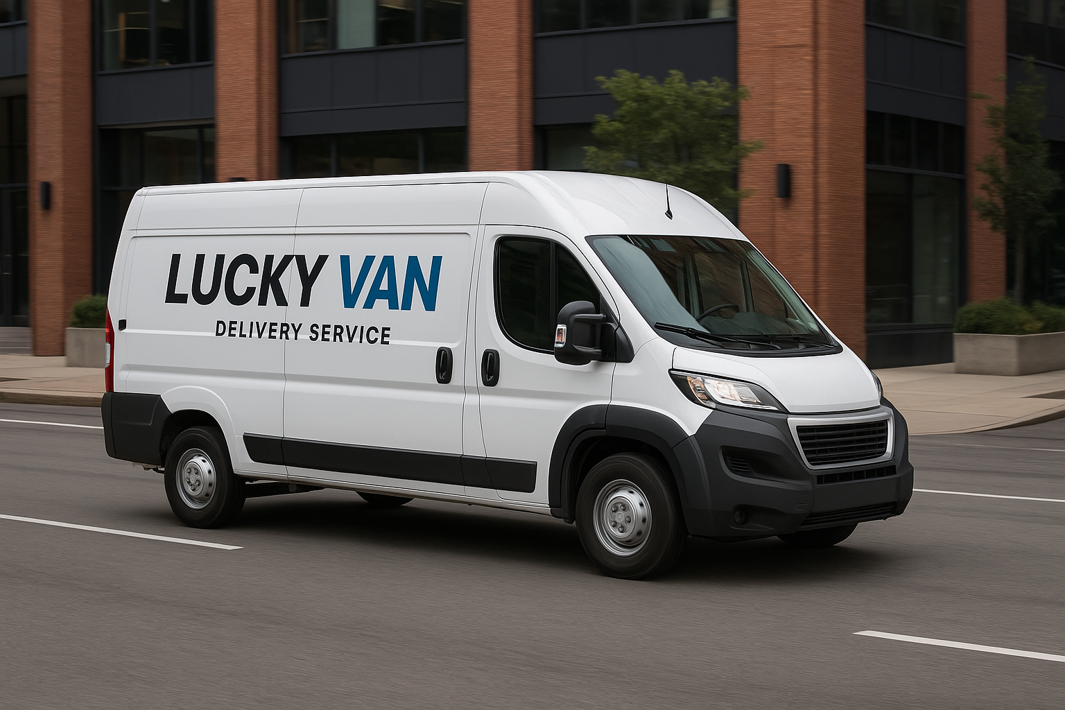 Branded Lucky Van making a business delivery in the city, showcasing reliable delivery service for companies.