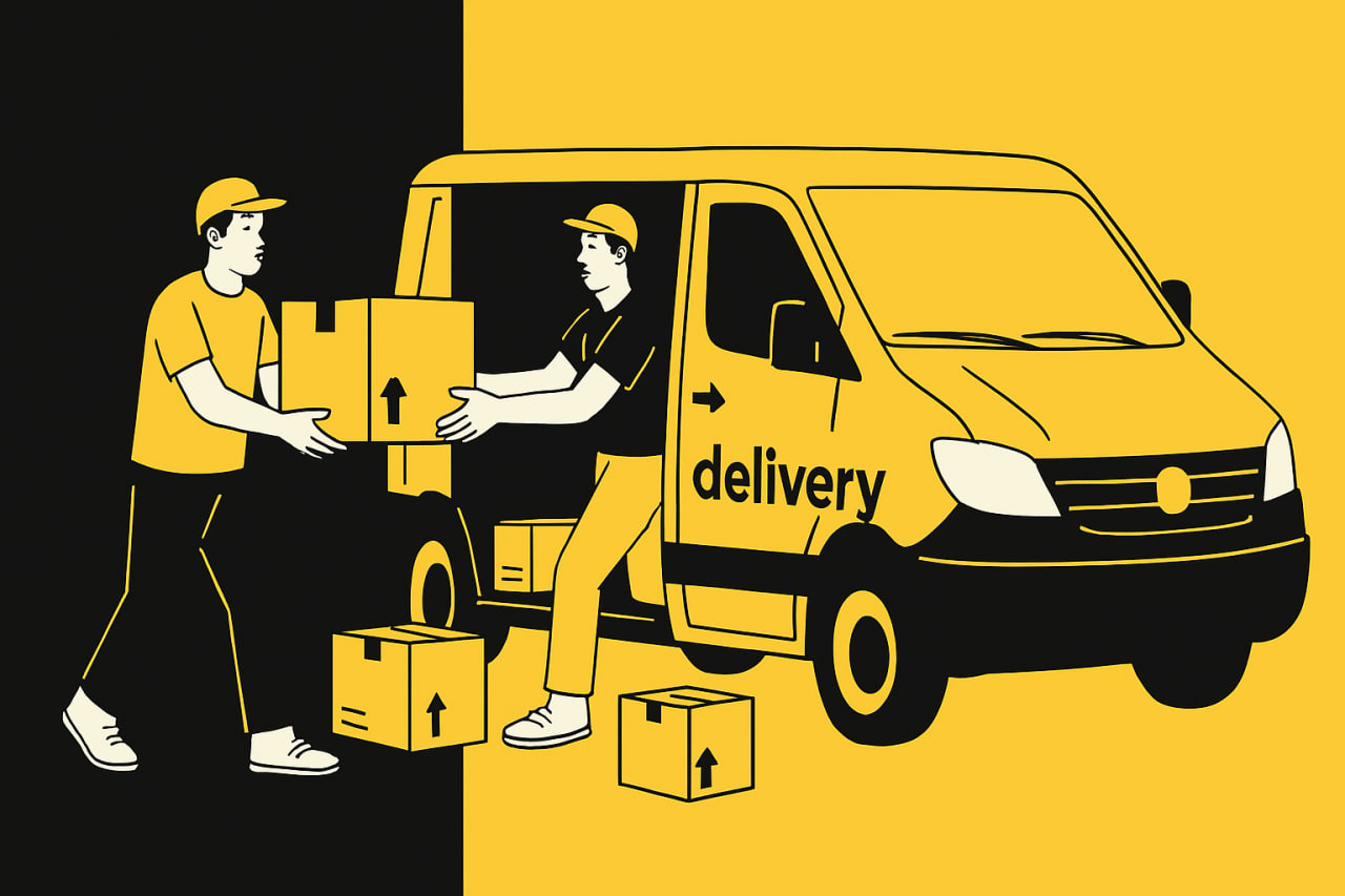 Two delivery workers in yellow and black uniforms load packages into a yellow van, illustrating an efficient business delivery service