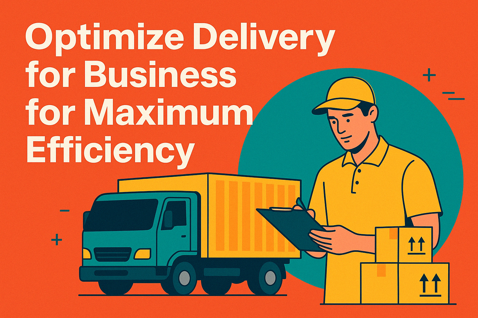 Professional flat-style illustration of a courier in a yellow uniform checking a clipboard beside a teal delivery truck and stacked boxes, with the headline “Optimize Delivery for Business for Maximum Efficiency” on an orange background.