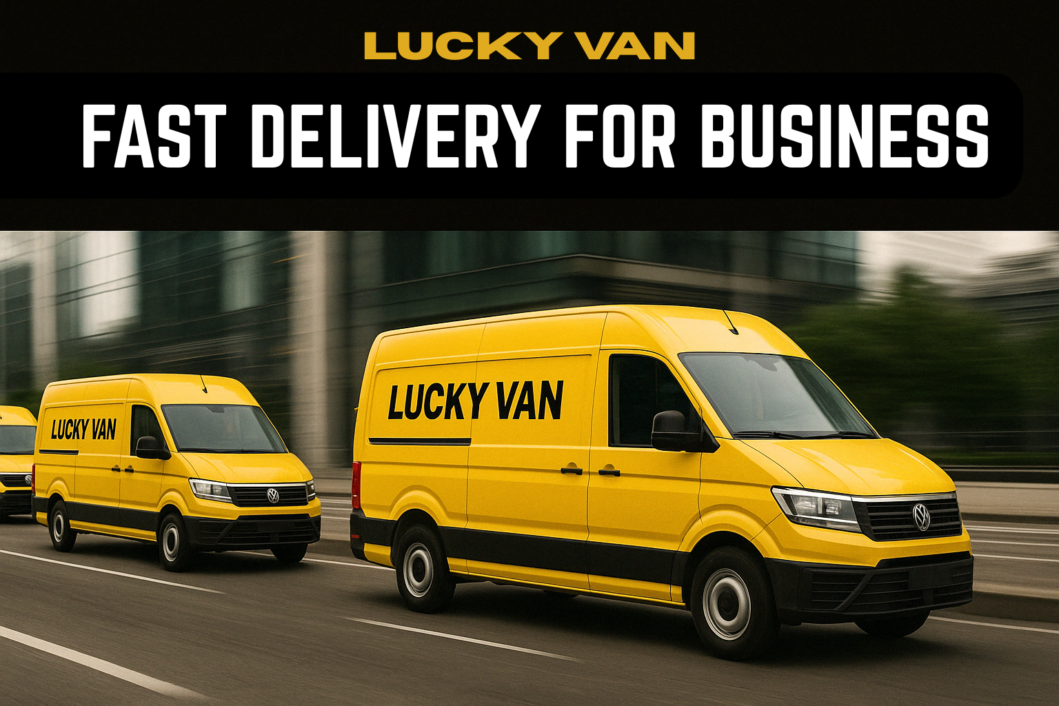 Three bright yellow Lucky Van delivery vehicles driving at high speed through a modern city, with the centered headline “FAST DELIVERY FOR BUSINESS” in bold white letters on a black background.