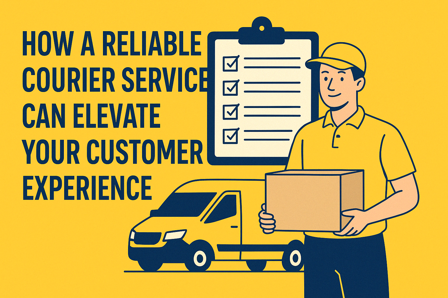 Flat-style illustration showing a smiling courier in a yellow uniform holding a parcel, with a delivery van, checklist, and bold headline text “How a Reliable Courier Service Can Elevate Your Customer Experience” on a yellow background.
