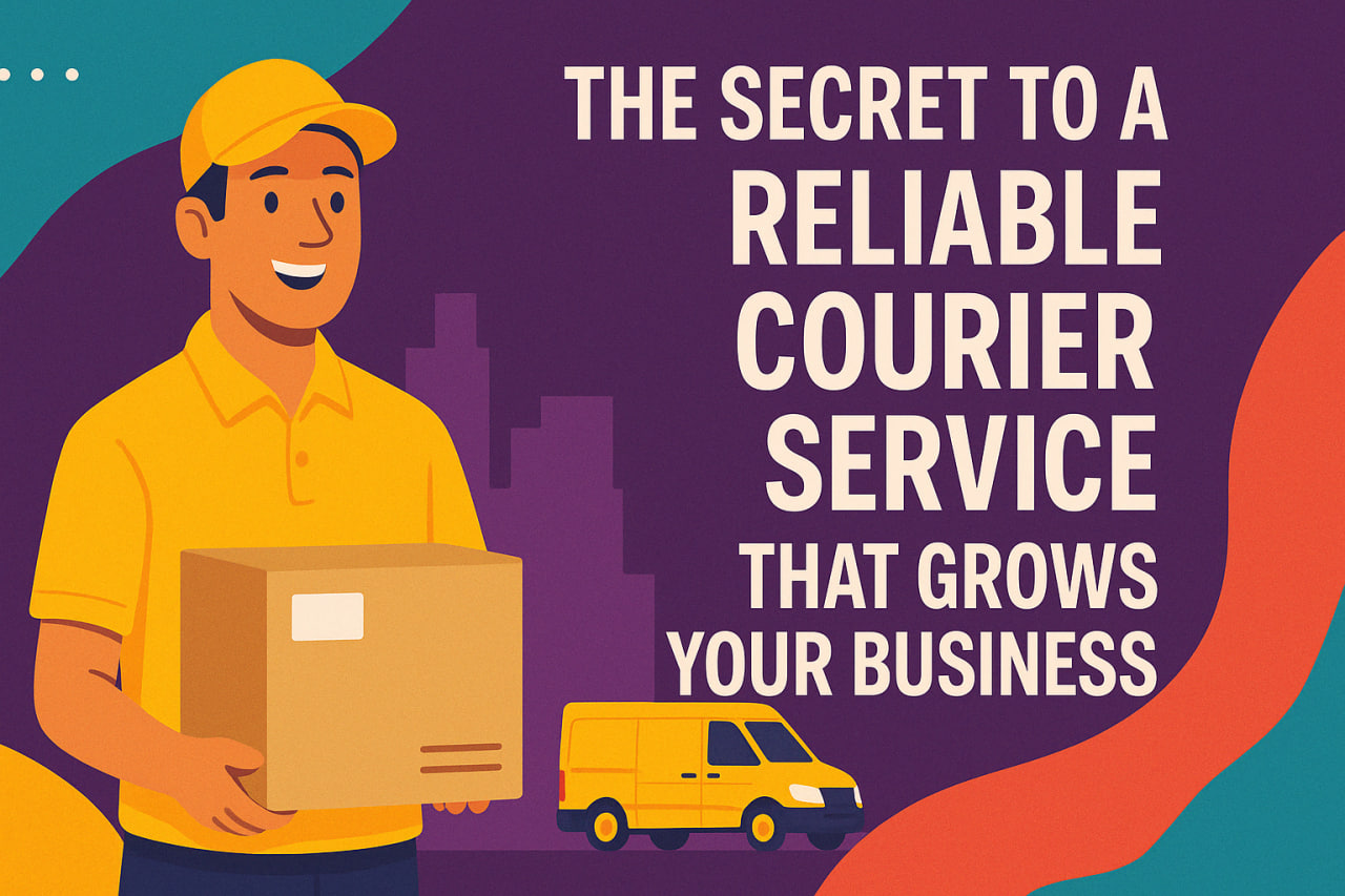 Colorful flat-style illustration of a courier service driver in a yellow uniform holding a box, with a branded yellow van and bold text promoting reliable courier service for business growth.