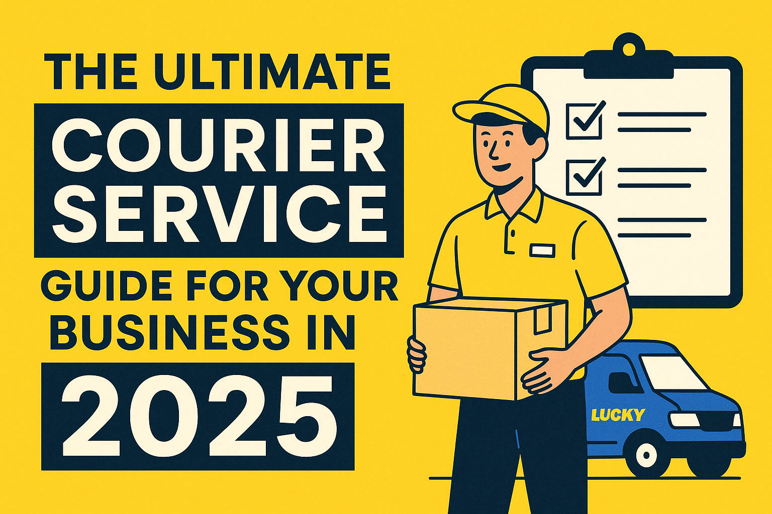 Flat-style illustration of a courier holding a parcel in front of a clipboard and delivery van, with bold text reading “The Ultimate Courier Service Guide for Your Business in 2025” on a bright yellow background.
