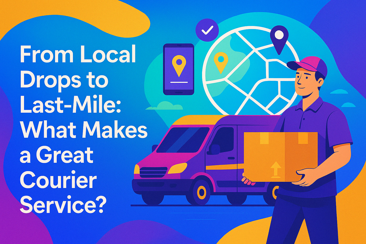 Flat-style illustration of a courier service process, showing a delivery driver holding a parcel, a branded van, map with location pins, and the title “From Local Drops to Last-Mile: What Makes a Great Courier Service?