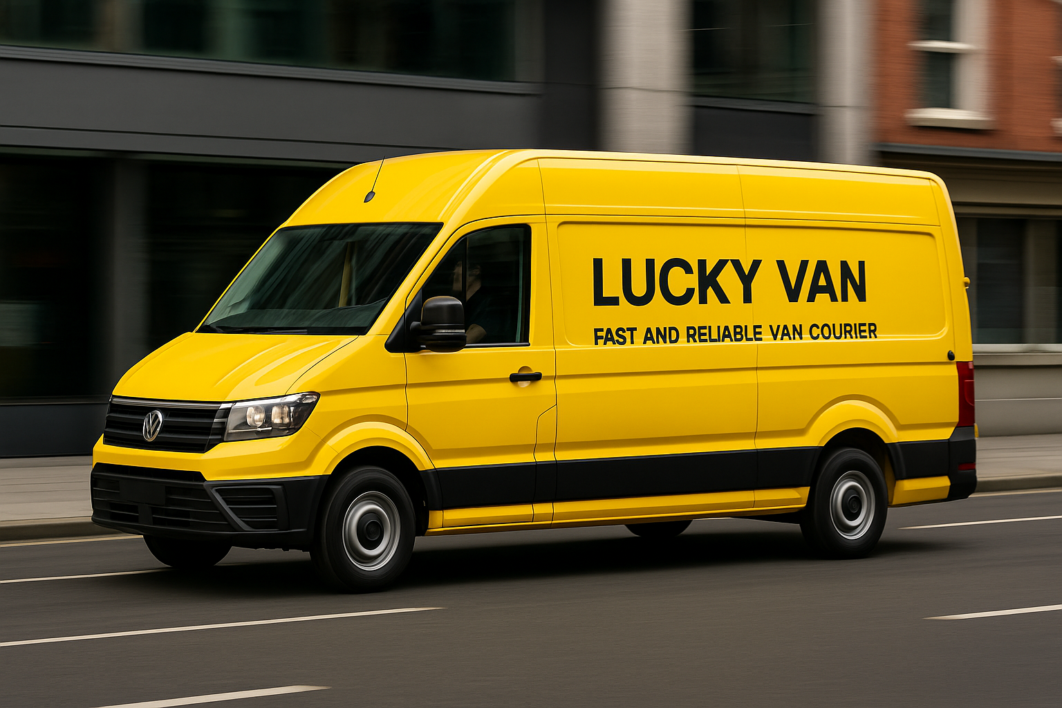 Yellow Lucky Van delivery vehicle driving through a city street, showcasing fast and reliable van courier service in London