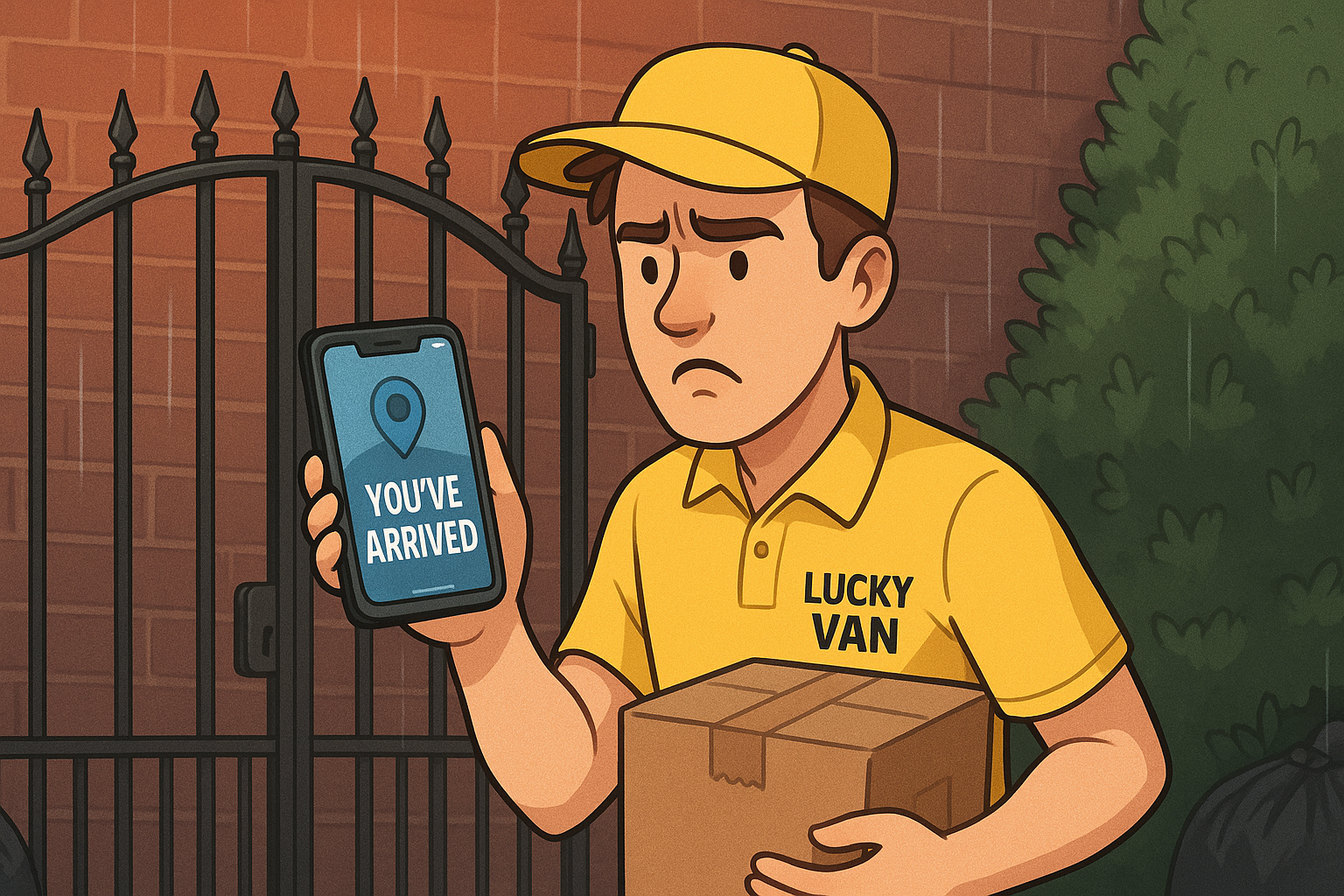 Courier in a yellow Lucky Van uniform standing in front of a locked gate, holding a box and phone showing ‘You’ve Arrived,’ looking confused.