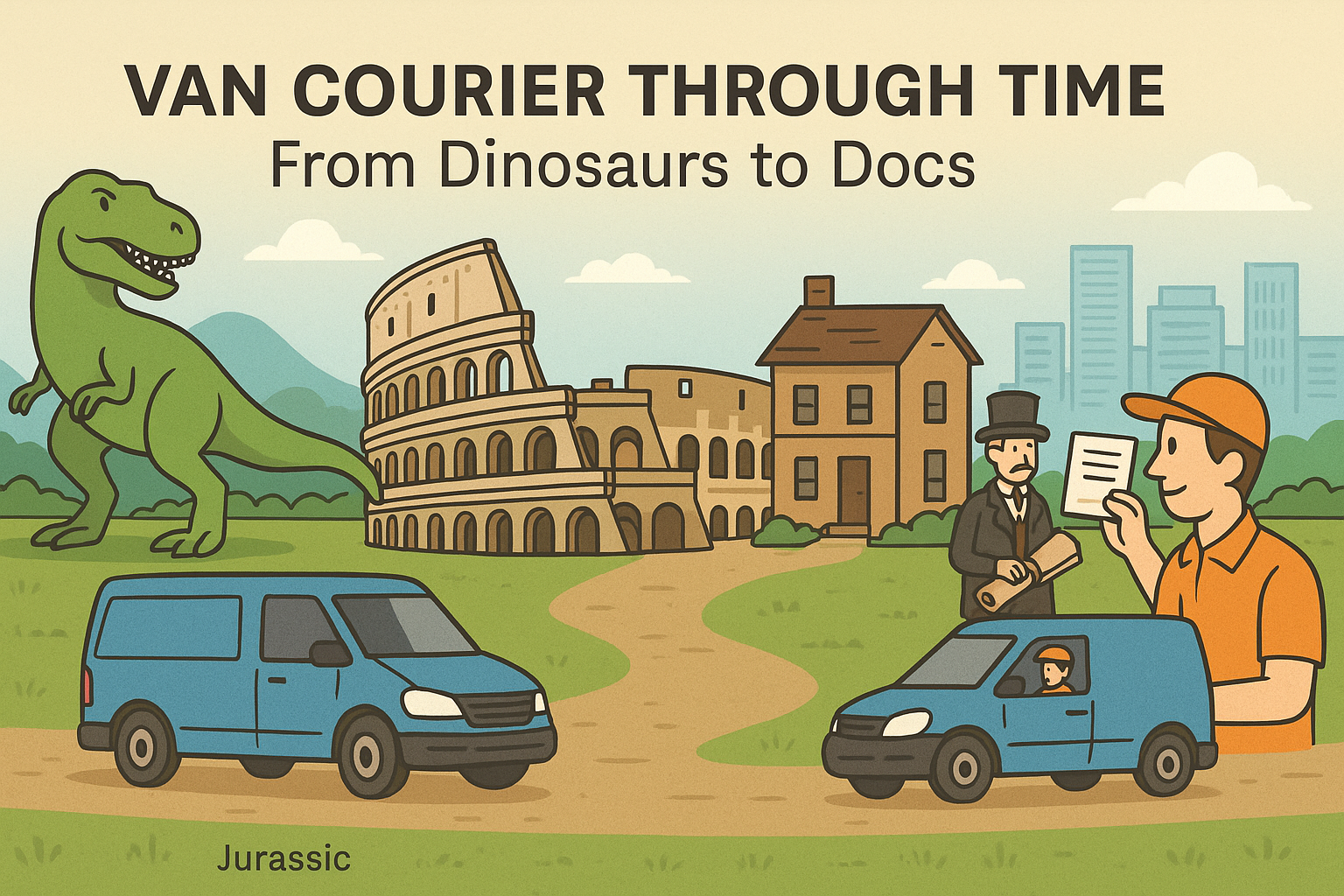 Illustration of a van courier driving through different historical periods including the Jurassic era, Ancient Rome, Victorian times, and a modern city