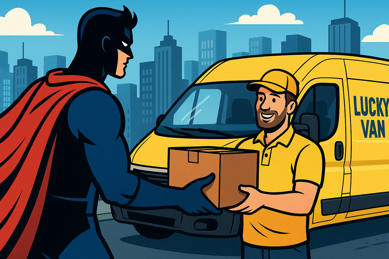 Comic-style illustration of a van courier from Lucky Van receiving a package from a superhero on a city street.