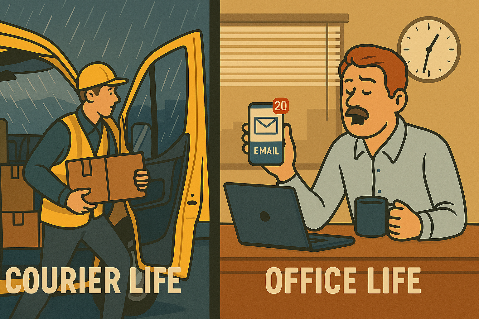 Split-screen illustration showing courier life and office life: a courier in the rain loading boxes into a van, and an office worker holding coffee while checking emails