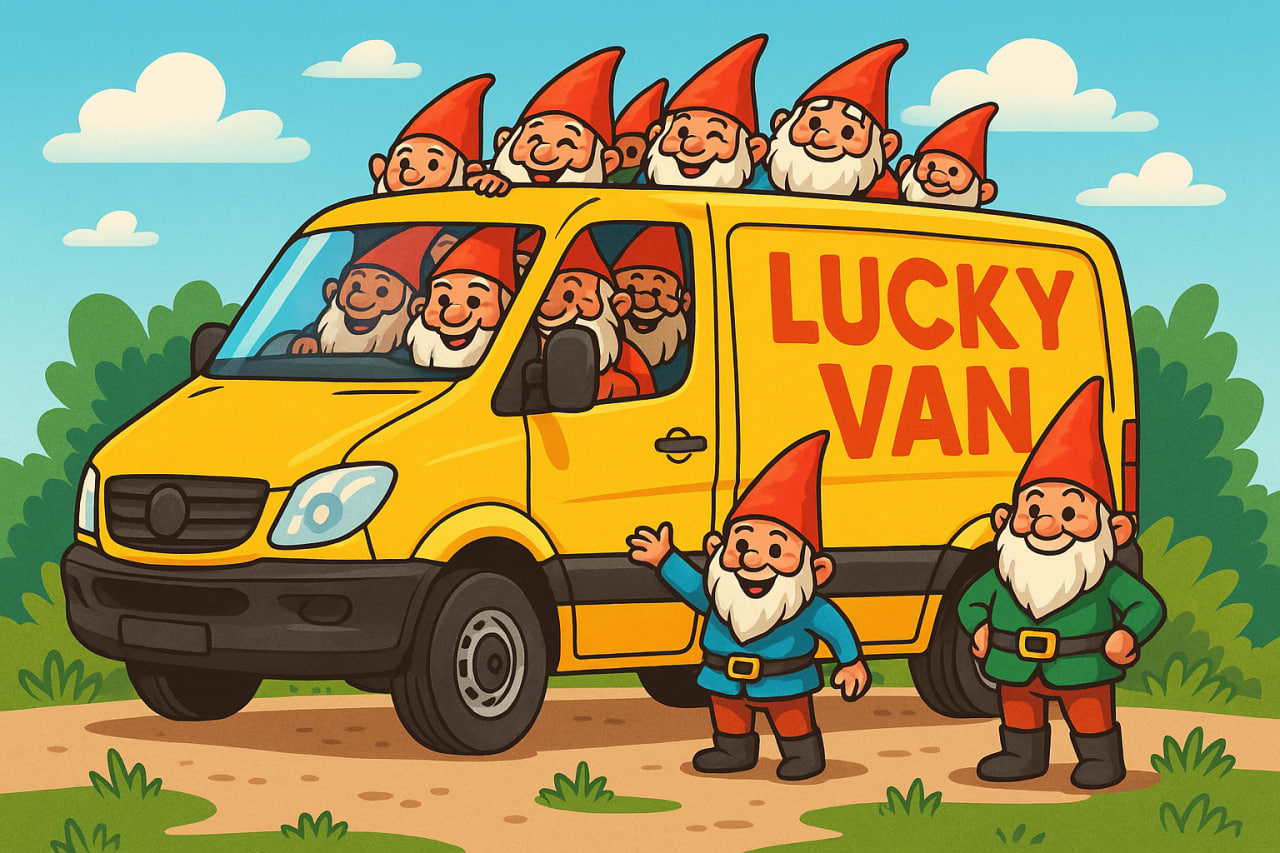 Van courier from Lucky Van unloading dozens of garden gnomes from a yellow delivery van in front of a house on a sunny day.