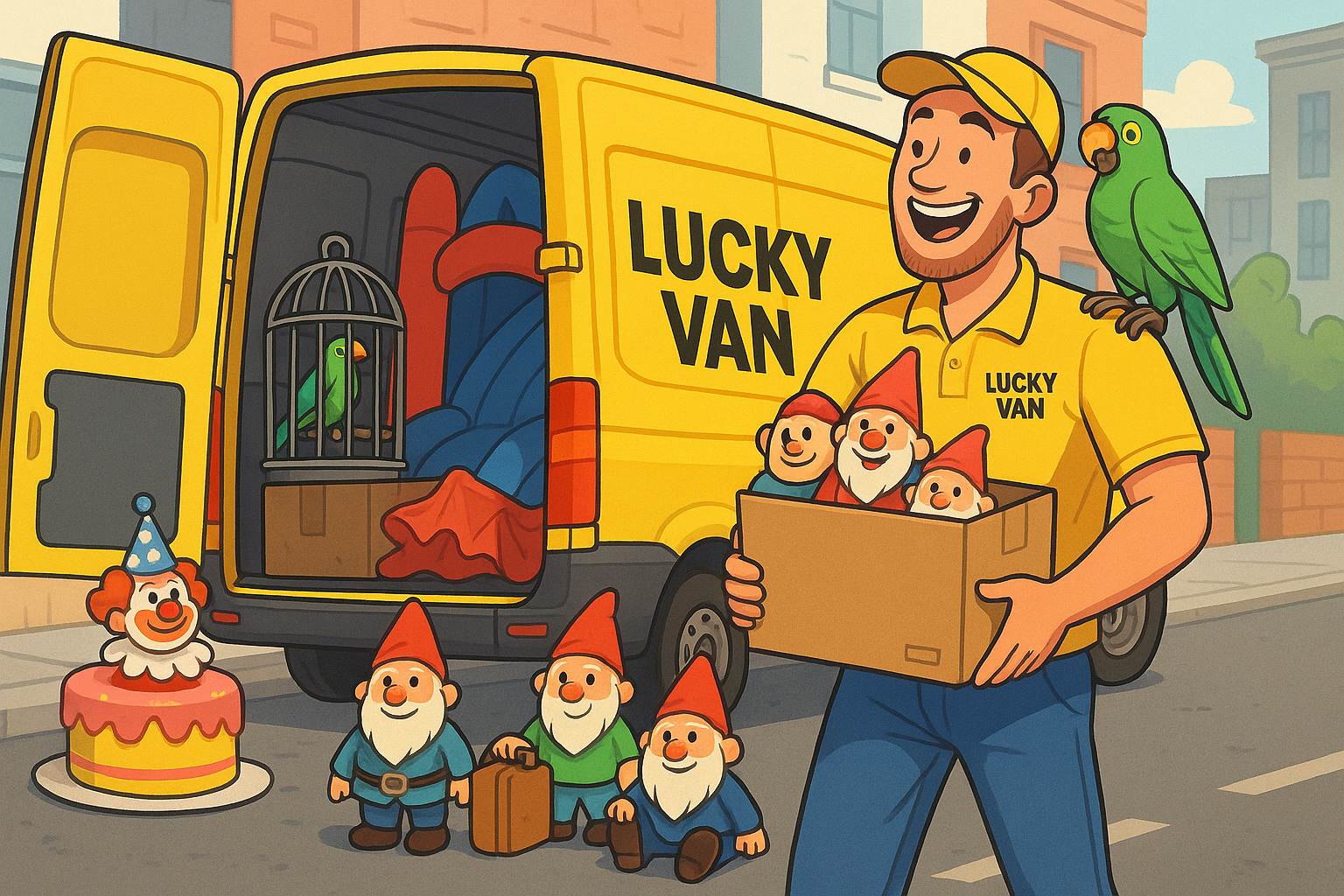Van courier from Lucky Van unloading a box of garden gnomes, a parrot, and other quirky items from a yellow delivery van on a city street