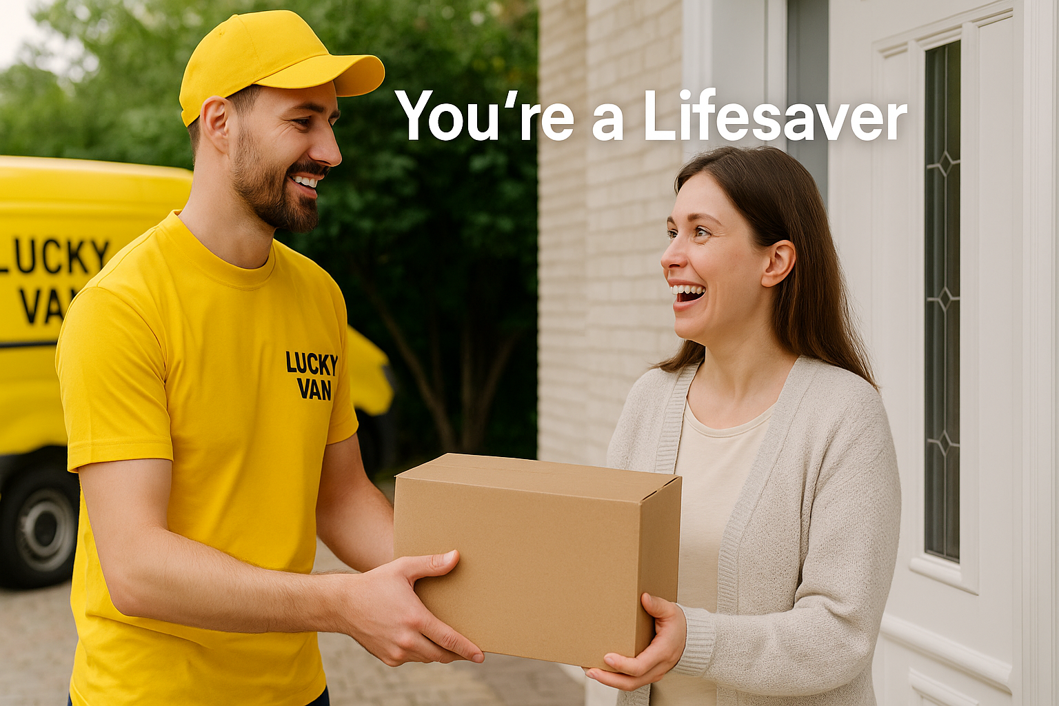 Lucky Van courier hands a package to a smiling customer at her doorstep, both sharing a moment of relief and gratitude.
