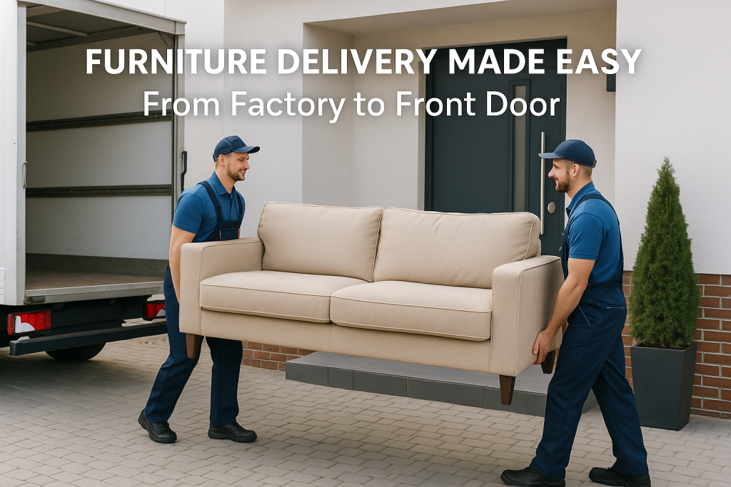Furniture Delivery Made Easy From Factory to Front Door - Lucky Van - courier services Two professional movers carry a beige sofa from a delivery truck to a residential front door, showcasing efficient furniture delivery service.