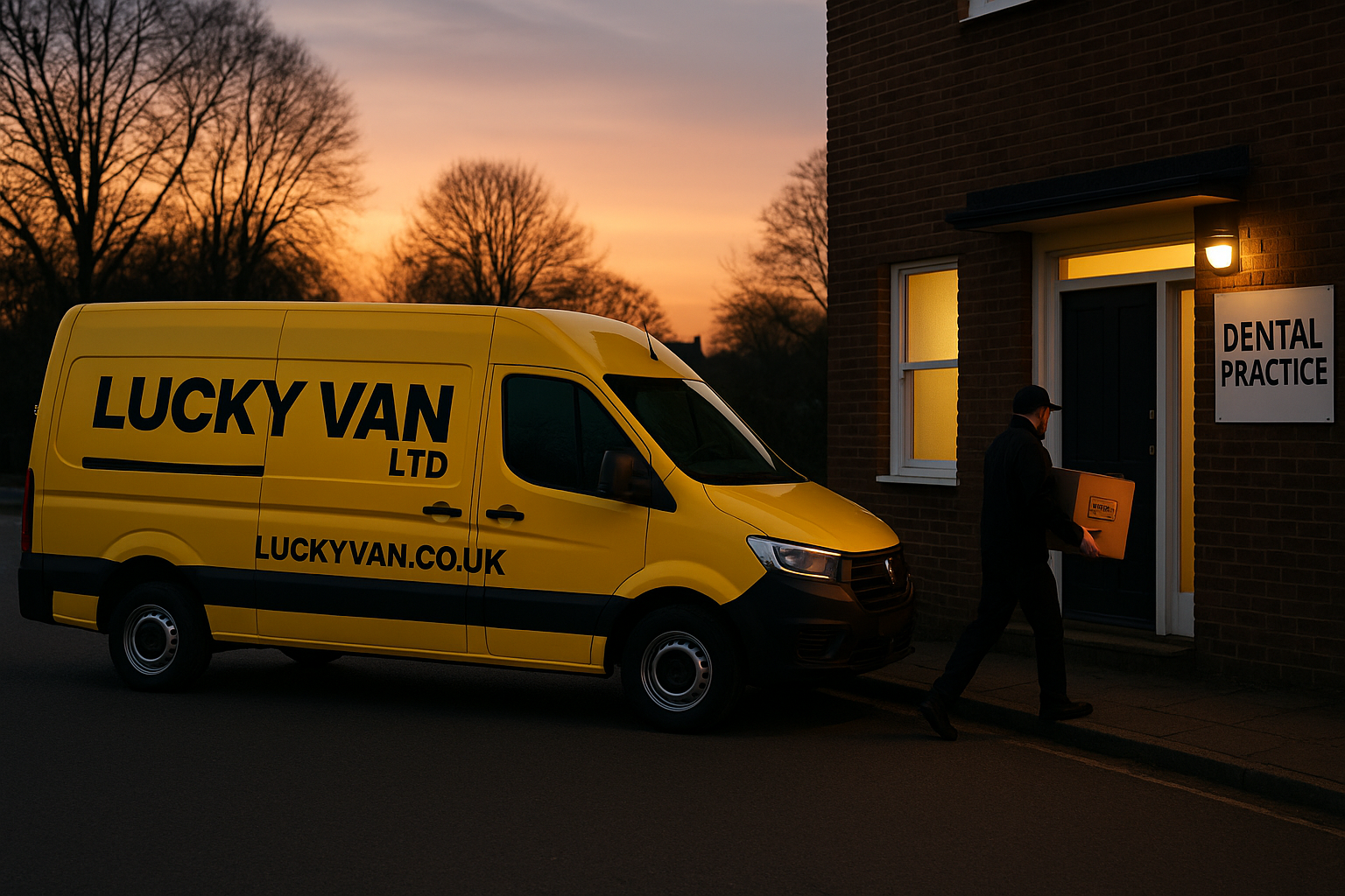 Van courier London delivering dental equipment at dawn to central clinic
