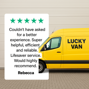 courier lifesaver review - Lucky Van - courier services Yellow Lucky Van parked beside a customer review graphic with five green stars and praise for lifesaver-level courier service.