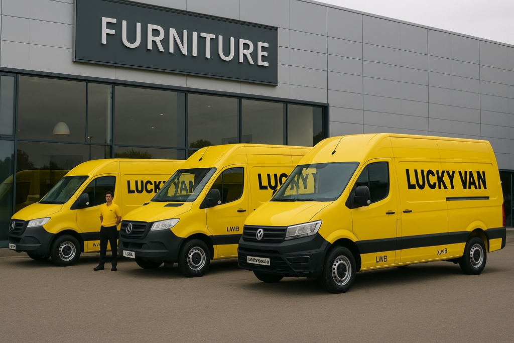 furniture delivery from retail - Lucky Van - courier services Three yellow Lucky Van delivery vehicles parked outside a modern furniture store, showcasing MWB, LWB, and XLWB vans ready for furniture delivery.
