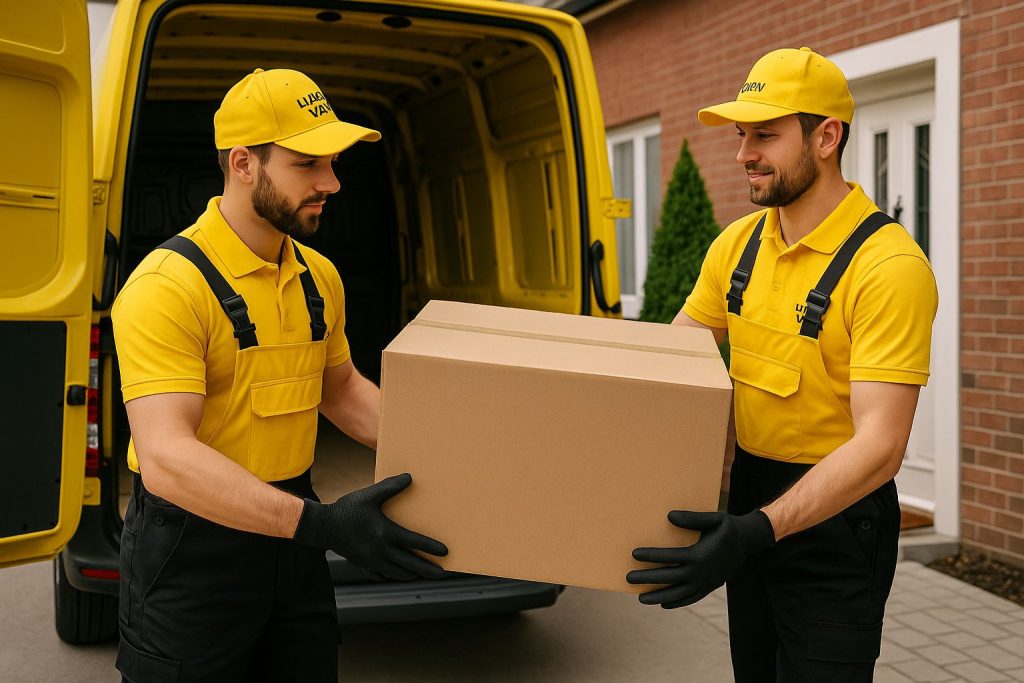 lucky-van-flat-move-london - Lucky Van - courier services Professional movers from Lucky Van helping a couple relocate their flat in London with yellow van parked nearby