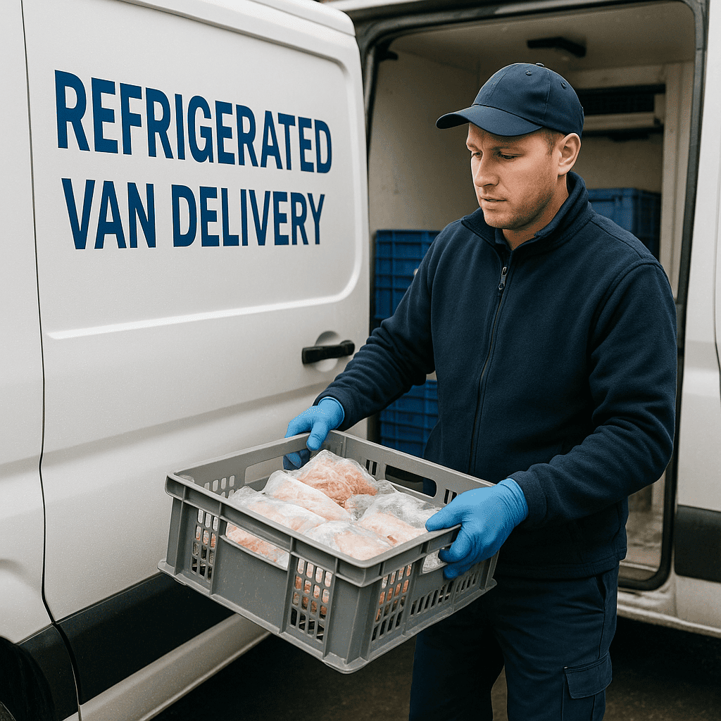 Refrigerated Van Delivery in London – Lucky Van - Lucky Van - courier services Refrigerated van delivery driver unloading frozen goods in London