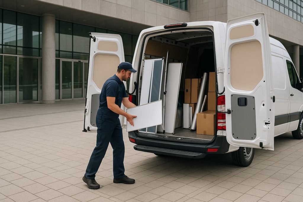 luckyvan_event_van_delivery_optimized - Lucky Van - courier services Courier loading exhibition gear into a white van in front of a London venue.