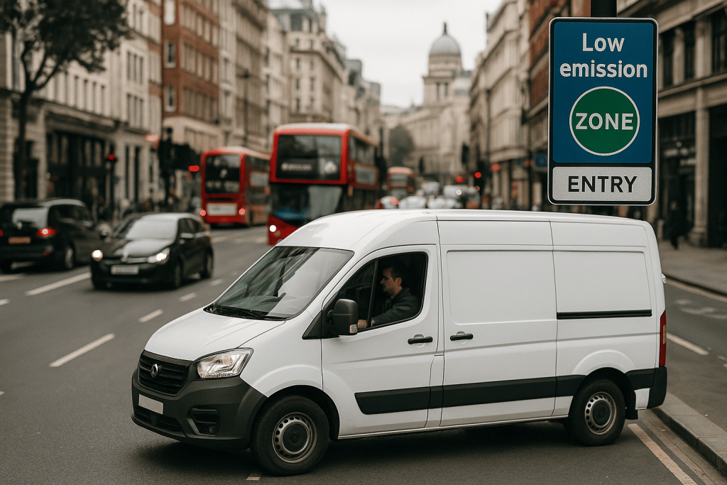 London Courier in Low Emission Zone Traffic - Lucky Van - courier services White delivery van driving in central London near Low Emission Zone sign, surrounded by traffic and red buses.