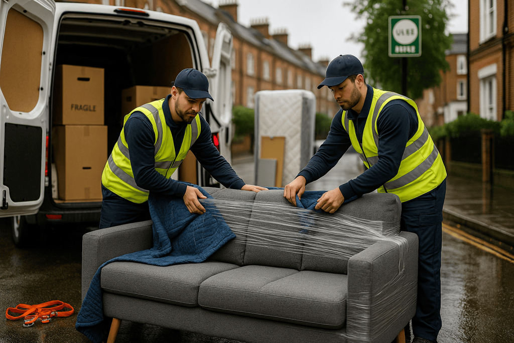 Moving Day Packing – Safe Sofa Transport in London - Lucky Van - courier services Man and van team in London wrapping a grey sofa with moving blankets and stretch film before loading into a ULEZ-compliant van on a rainy street