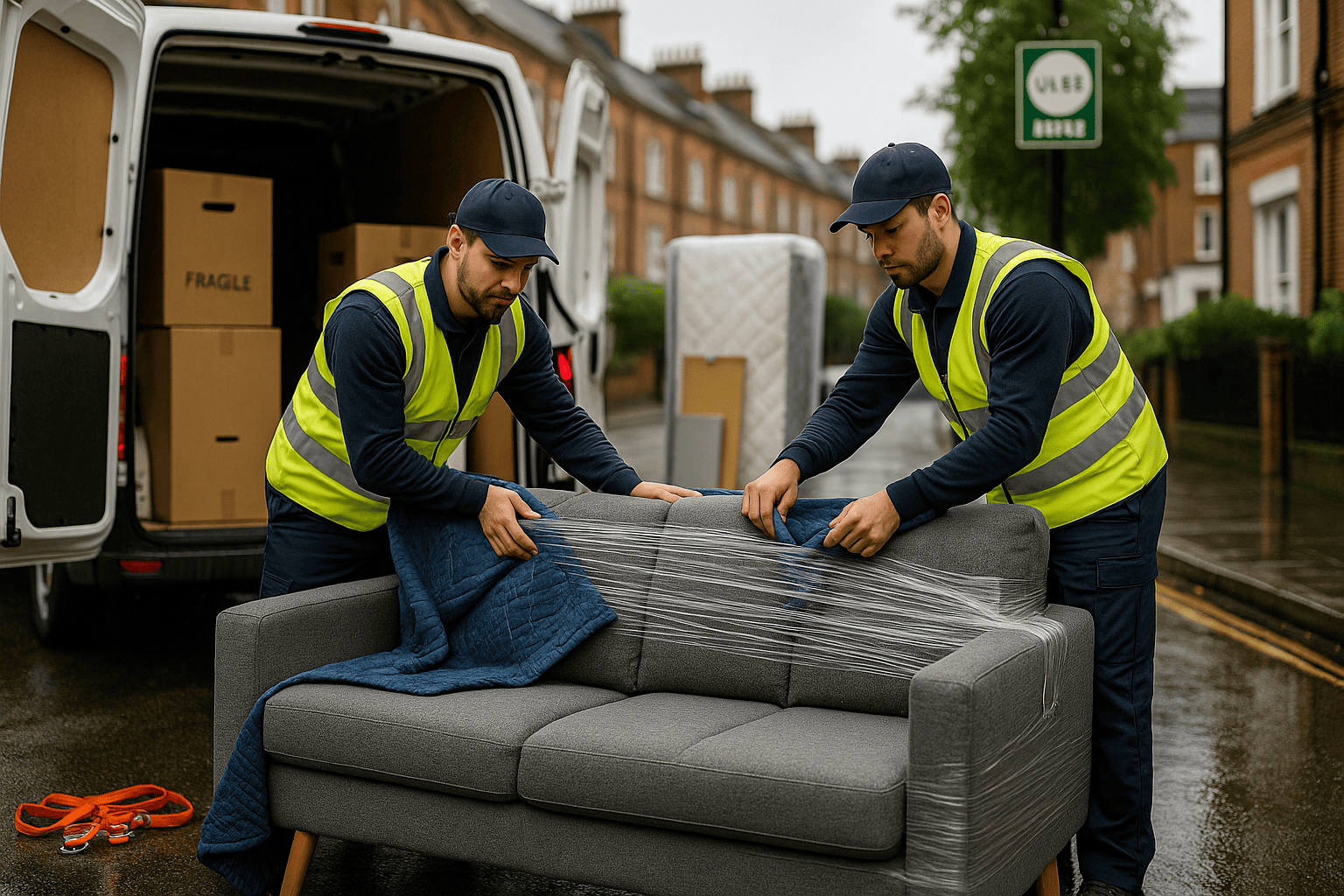 Man and van team in London wrapping a grey sofa with moving blankets and stretch film before loading into a ULEZ-compliant van on a rainy street