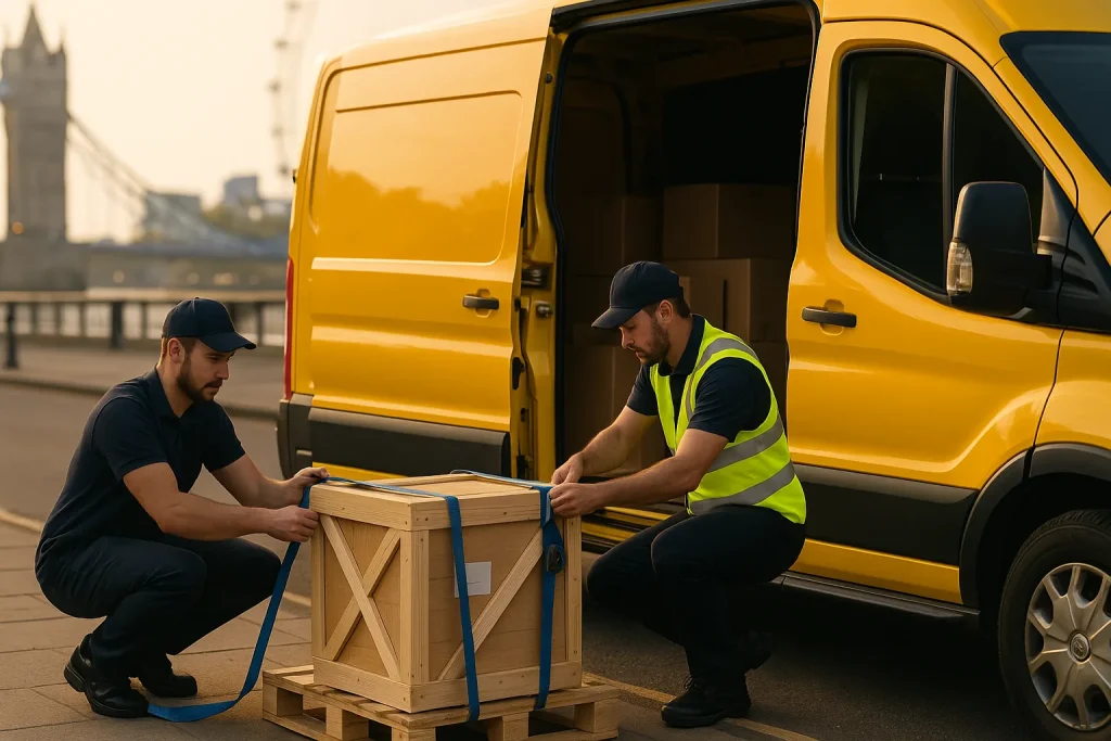Securing cargo beside yellow van in London - Lucky Van - courier services Two couriers securing a wooden crate beside a yellow van in London (insured delivery)