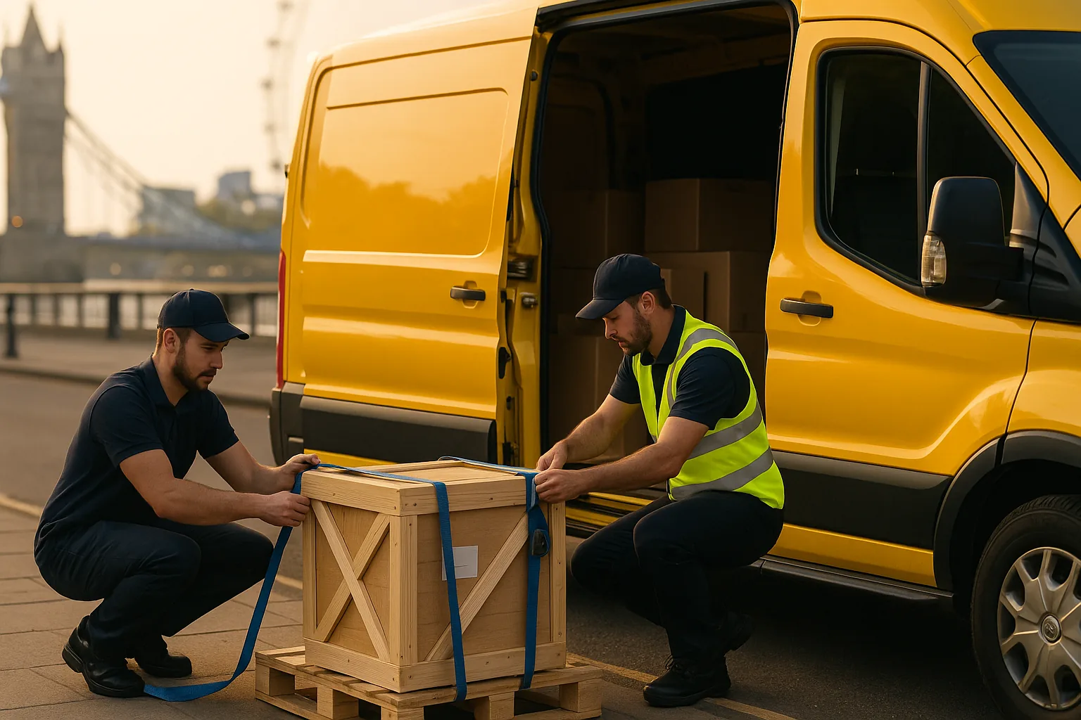 Two couriers securing a wooden crate beside a yellow van in London (insured delivery)
