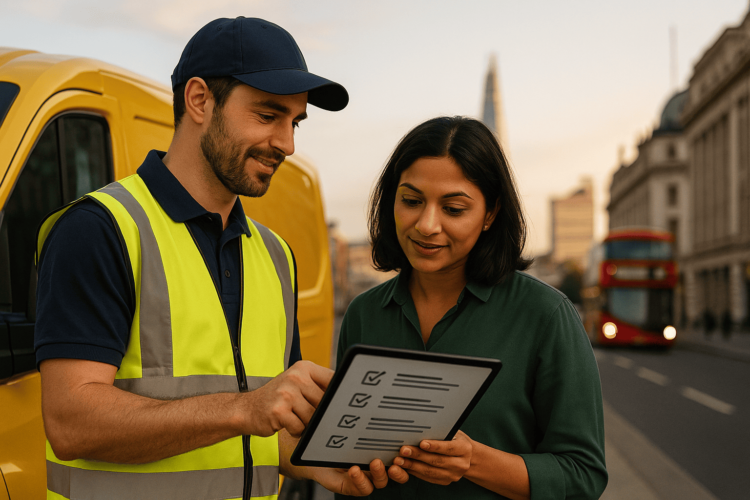 Courier showing delivery terms to a customer on a London street with a yellow van