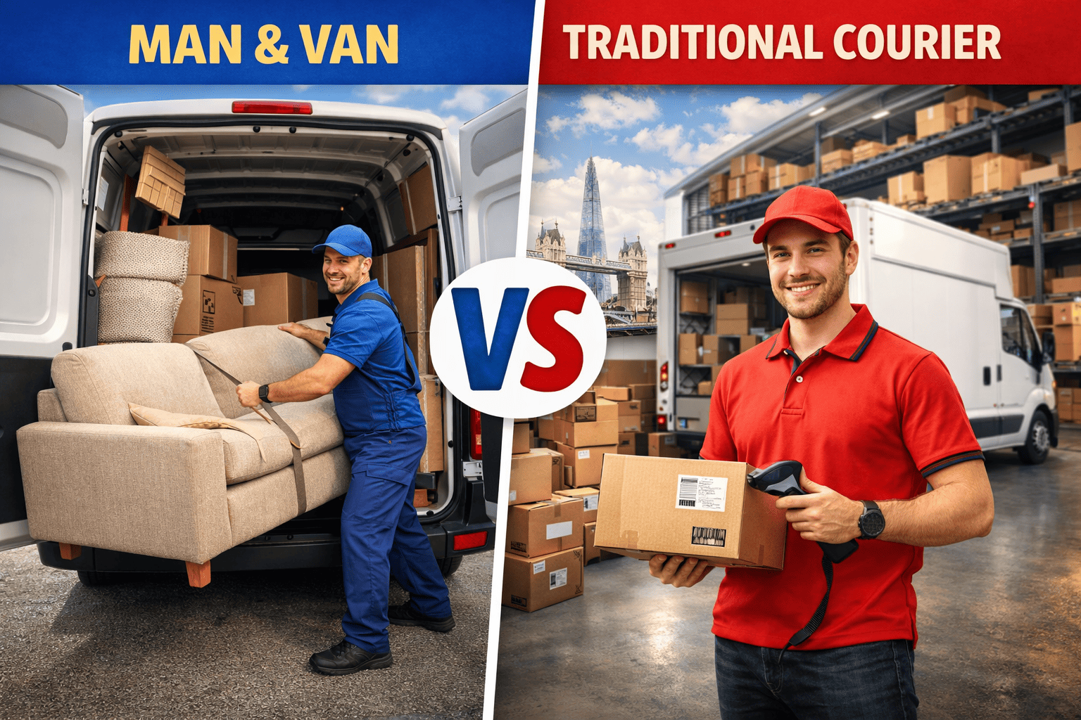 Man and van service compared with traditional courier delivery in London for bulky items and same-day transport.
