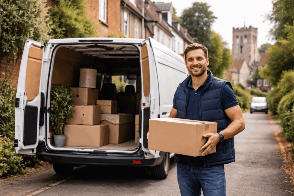 Man and van driver loading boxes into a white van on a residential street in Guildford, Surrey.