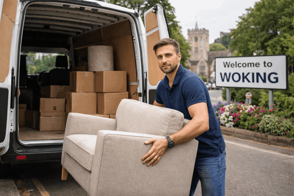 Same-day delivery in Woking: man loading an armchair into a van for furniture pickup and local delivery.
