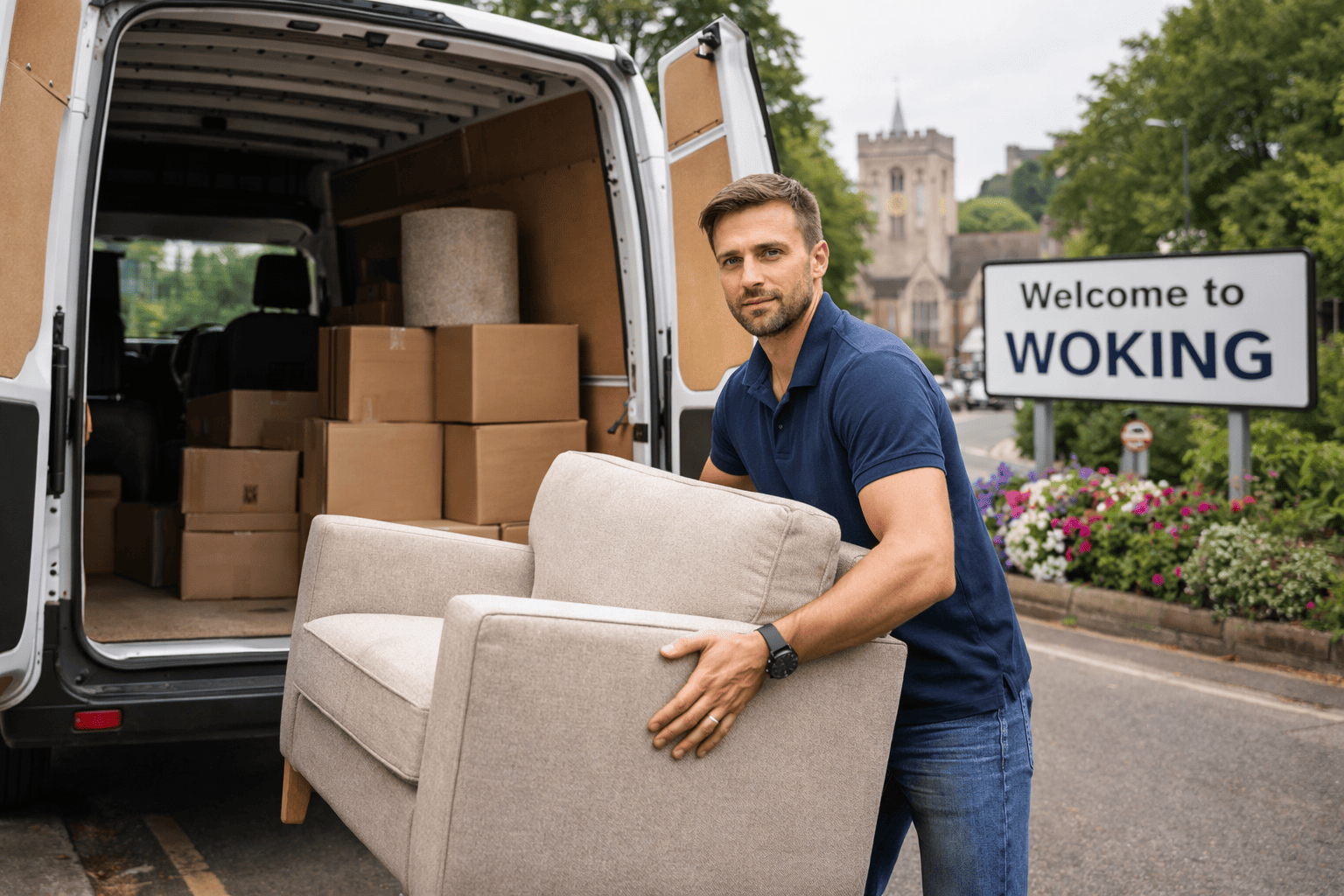 Same-day delivery in Woking: man loading an armchair into a van for furniture pickup and local delivery.