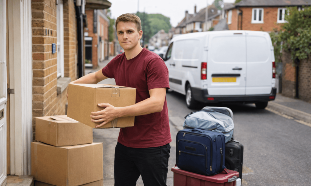 Student room move in Farnham with boxes and luggage loaded into a small van for local delivery.