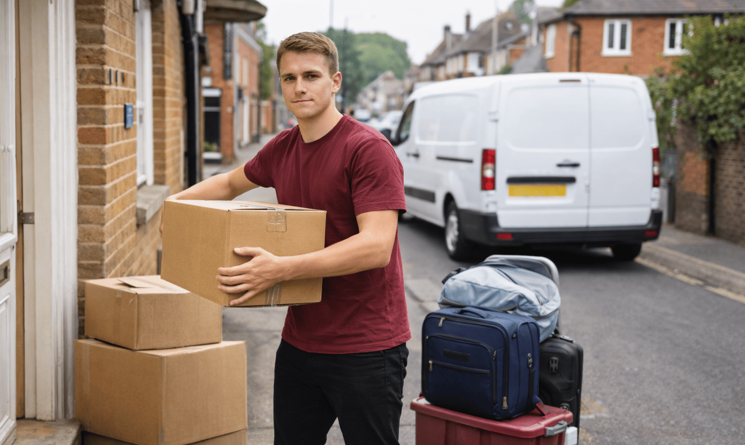Student room move in Farnham with boxes and luggage loaded into a small van for local delivery.