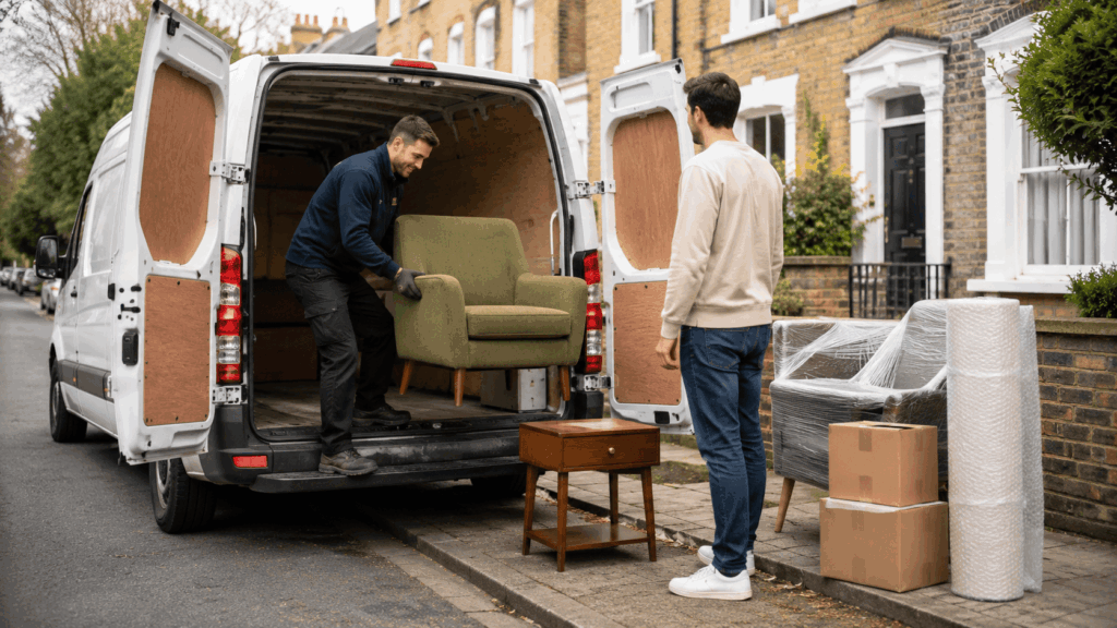 Furniture collection pickup: mover loading an armchair into a van with packed items and boxes ready for delivery.