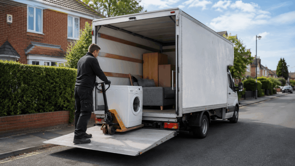 Luton van with a tail lift loading a heavy appliance using a pallet jack for safe delivery in the UK.