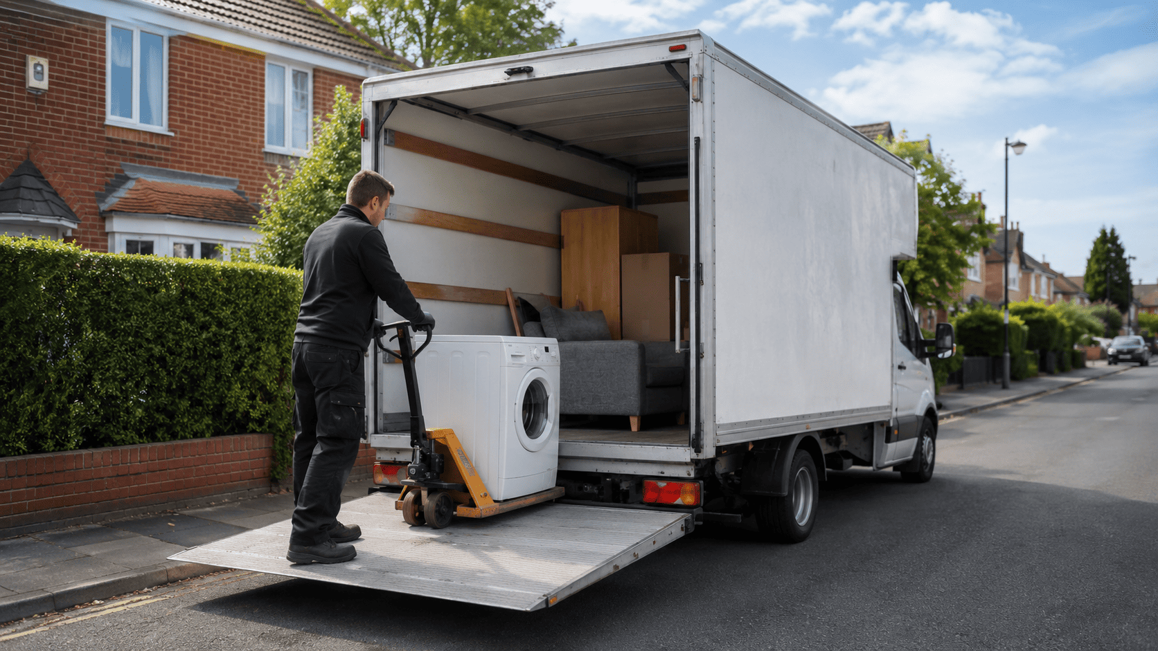 Luton van with a tail lift loading a heavy appliance using a pallet jack for safe delivery in the UK.
