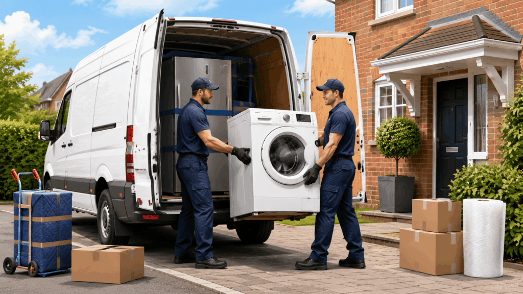 Appliance collection and delivery team loading a washing machine into a van for safe transport in the UK.