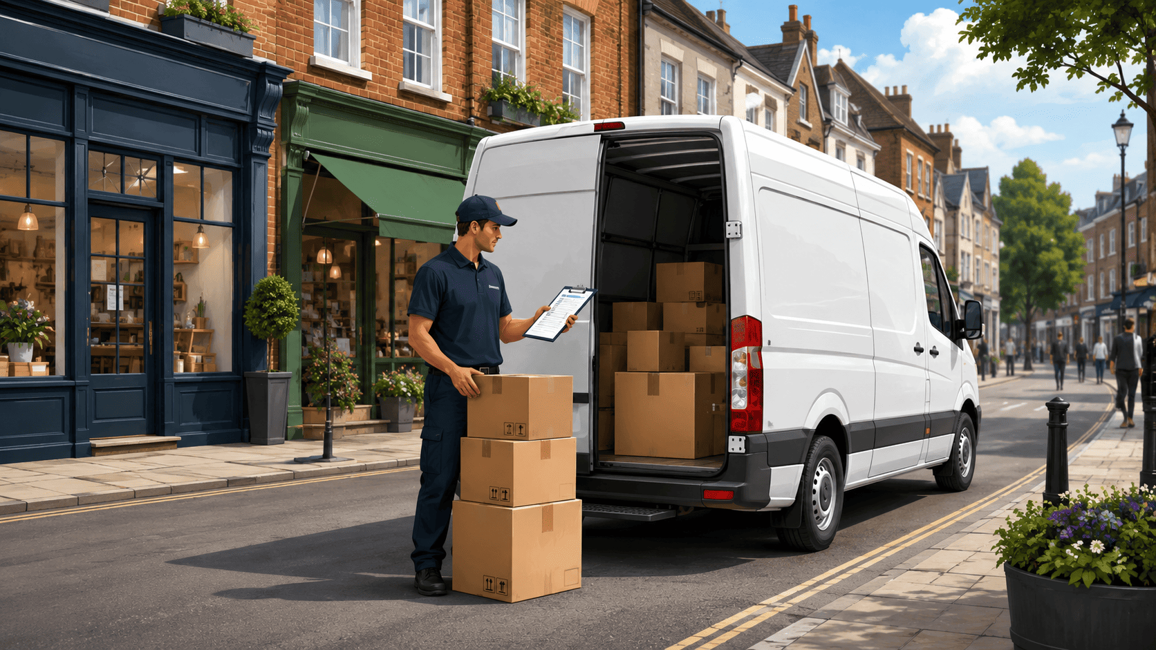 Multi-drop delivery service for small businesses with a van collecting and delivering boxes across the UK.