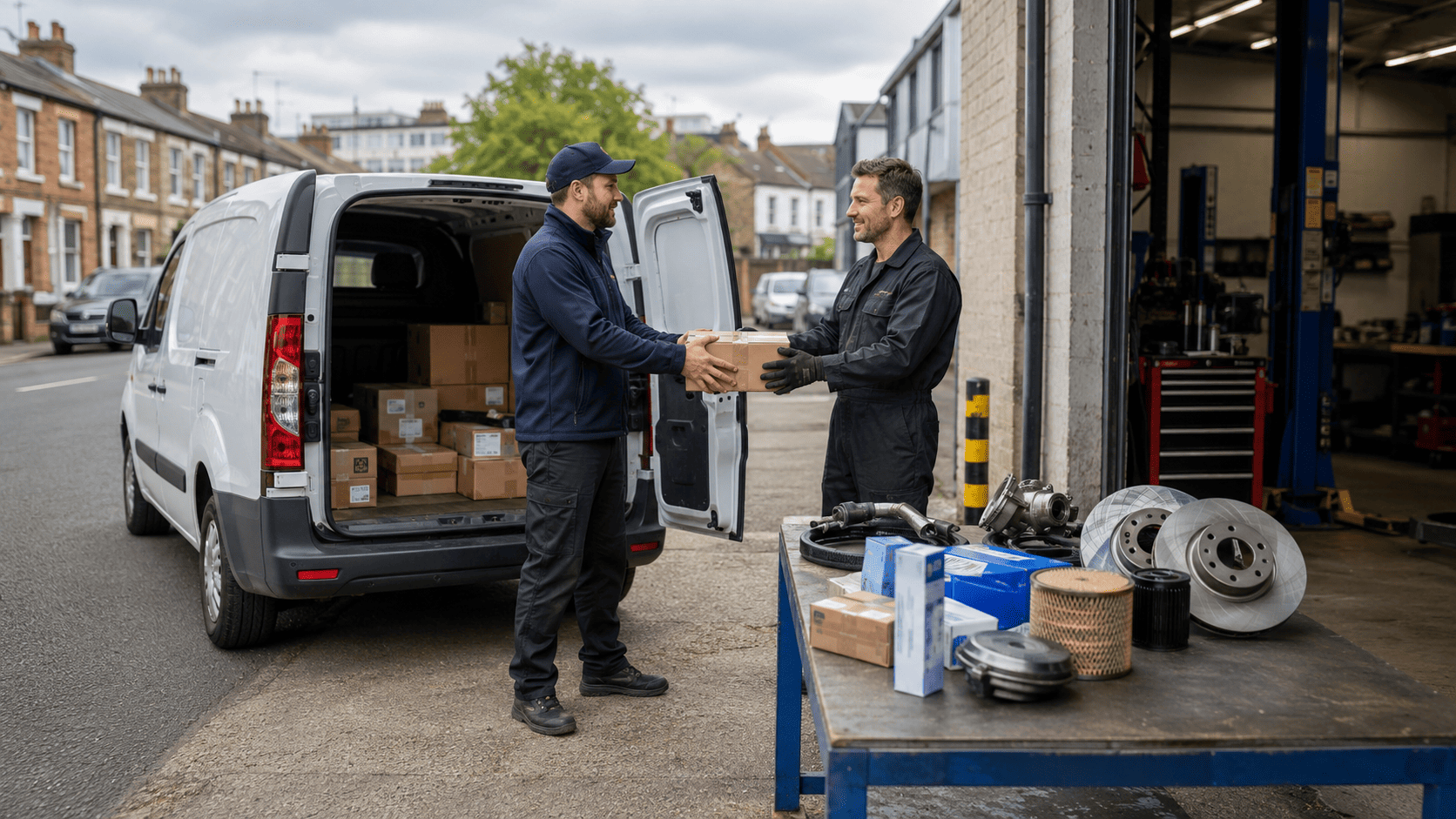 Small van courier delivering urgent spare parts to a garage for fast repair support across the UK.
