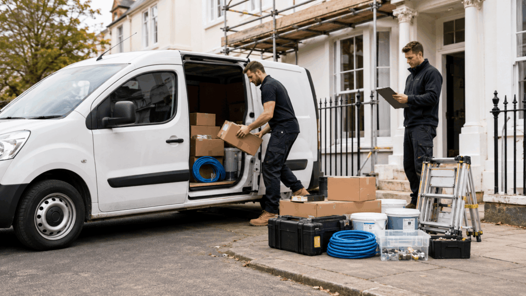 Small van delivery for trade supplies with tools, parts and materials being loaded for a job site run.