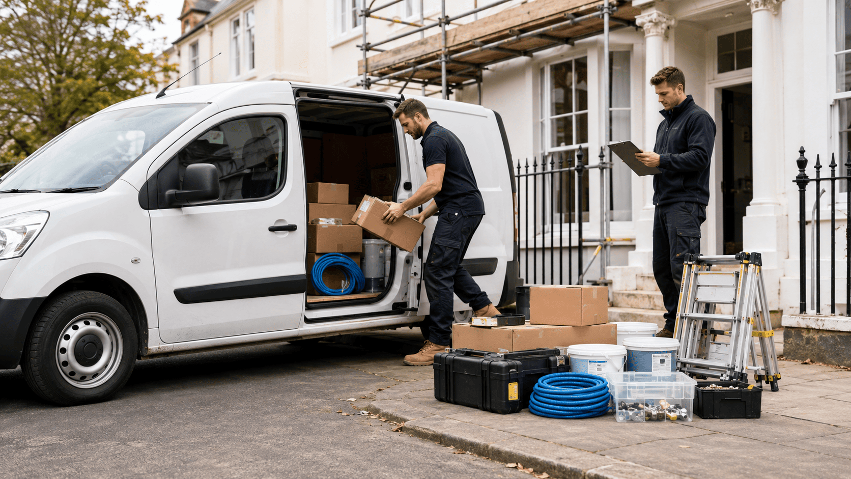 Small van delivery for trade supplies with tools, parts and materials being loaded for a job site run.